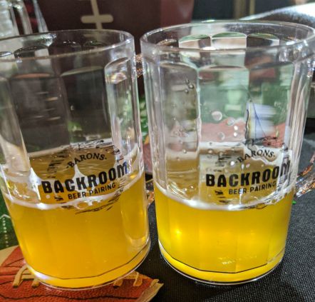 Barons Backroom Beer Pairing, mini beer mugs containing Black Plague Brewing 1347