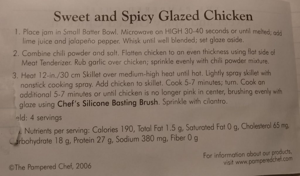 Sweet and Spicy Glazed Chicken Recipe Card from The Pampered Chef