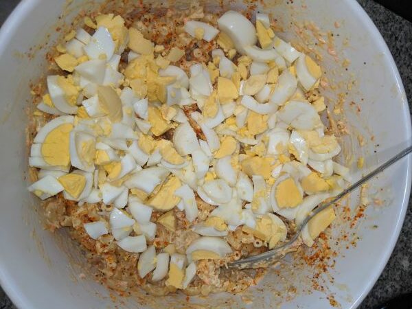 Macaroni Salad with Hardboiled eggs before stirring
