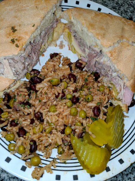 Cuban Pork Sandwich with Rice Black Beans and Pickle