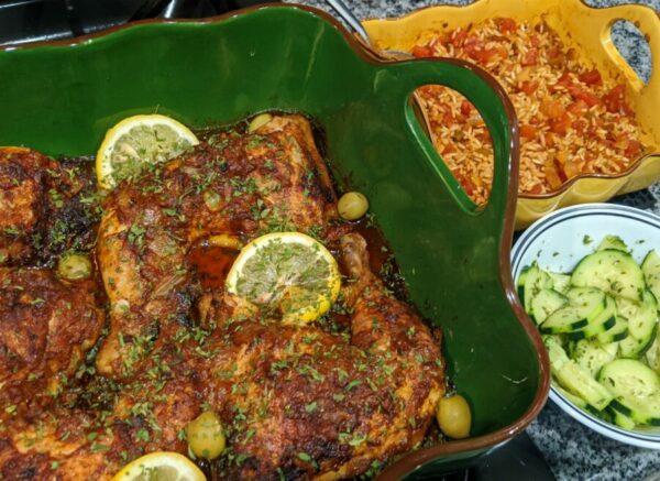 Moroccan Inspired Chicken with Cucumber Salad and Rice Pilaf