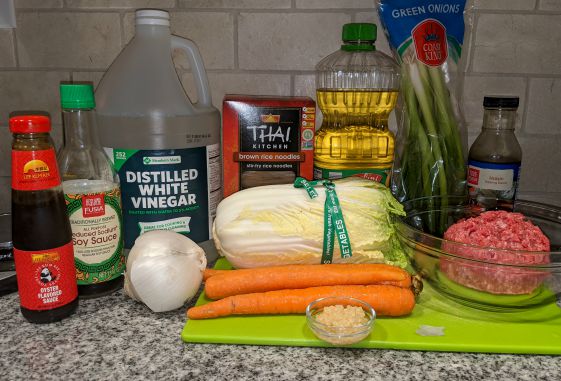 Hoisin Beef Noodle Ingredients on counter, Beef, Sauces, Vegetables, Oil, Vinegar