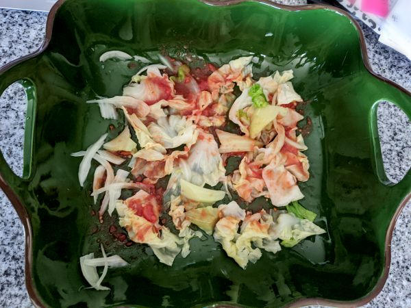 Cabbage leaves in ceramic dish