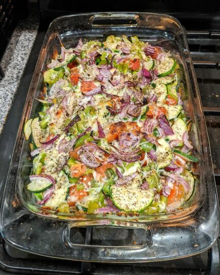 Chicken Primavera - Chicken, Vegetables, Cheese, after baking