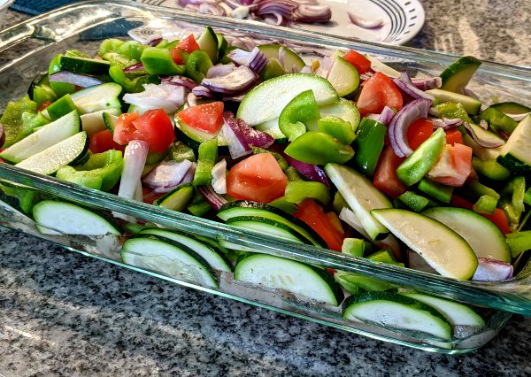 Vegetables and Chicken in Glass Dish