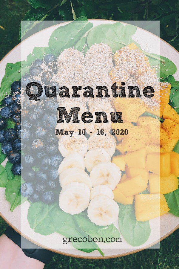 Plate with fruit and overlay saying Quarantine Menu May 10-16, 2020