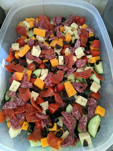 Vegetables, Cheese, and Meats in container