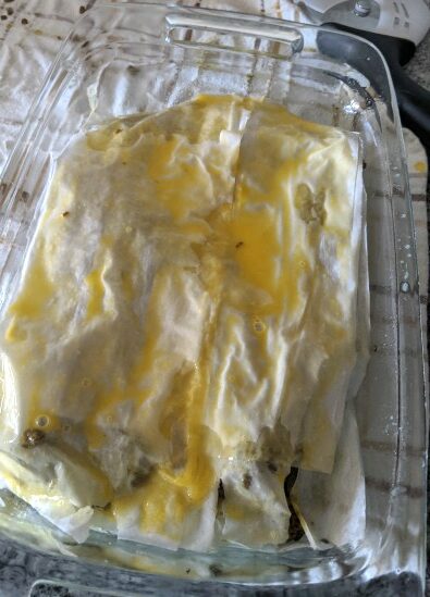 Sambousek Layered in dish, butter on Phyllio dough