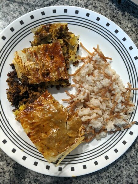 Sambousek and Lebanese Rice on Plate