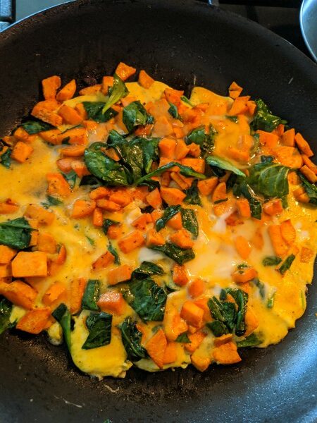 Sweet Potato, Spinach, and Egg Omelette in Pan