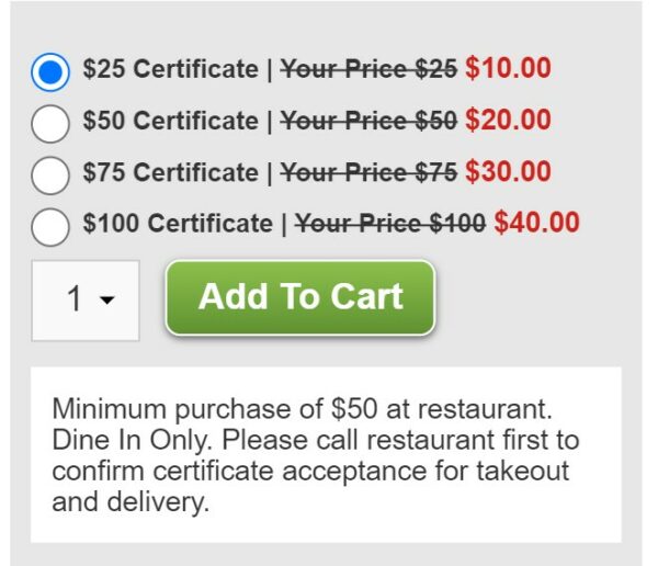 Restaurant.com Gift Certificate Options