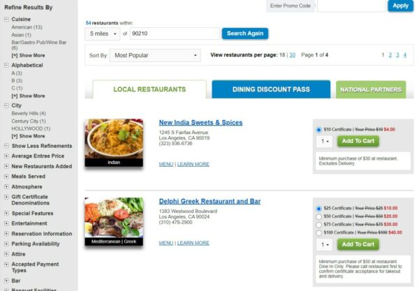 Restaurant.com Search Result Screen for 90210