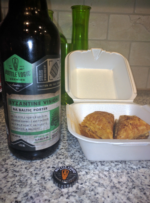 Byzantine Vision: A Baklava Beer from Bottle Logic Brewing in Anaheim, California.  We paired this beer with actual Baklava dessert.