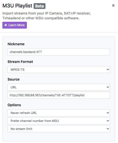 channels dvr m3u playlist options