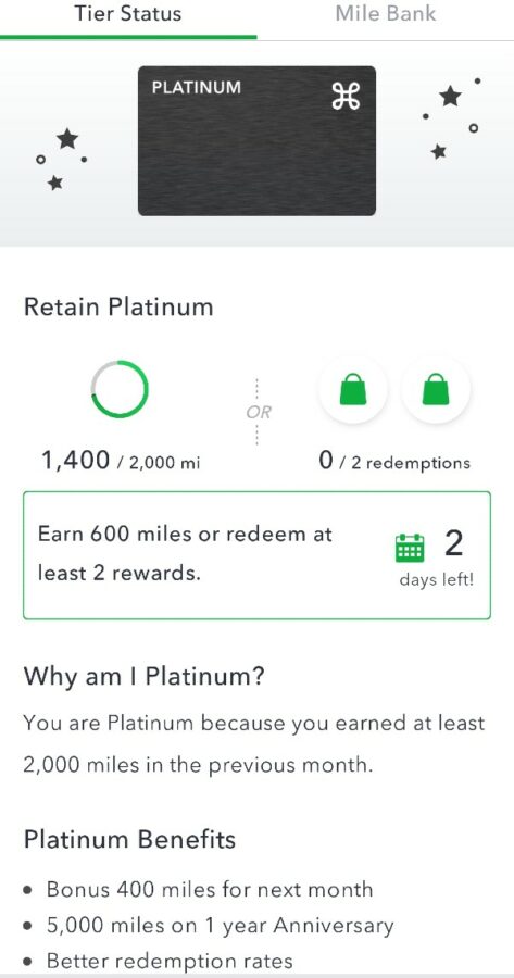 Cash Back Apps - Miles Tier Status Screen
