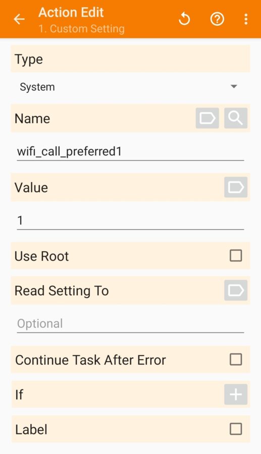 screenshot tasker action for changing unlocked galaxy s20 wifi calling preferences back to wifi preferred