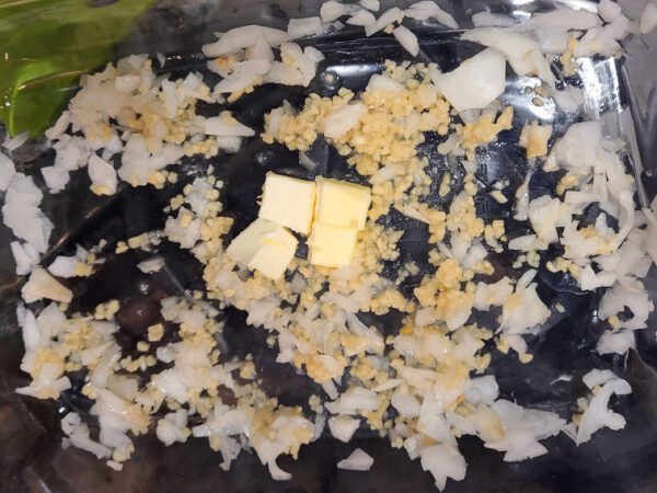 Onions, Garlic, and Butter in baking dish