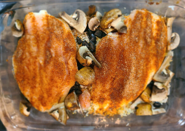 Chicken Mushrooms and Rice in baking dish before baking