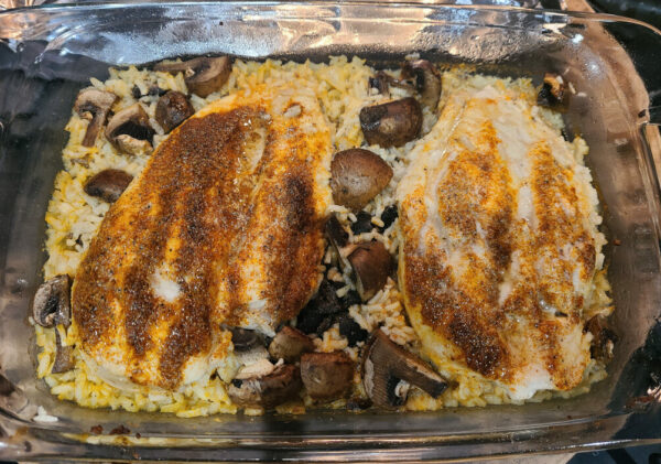 Chicken Mushrooms and Rice in baking dish before baking