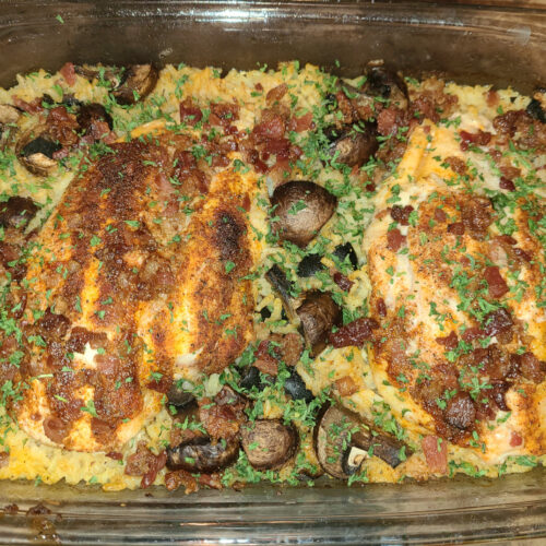 Chicken Mushrooms and Rice in baking dish after baking