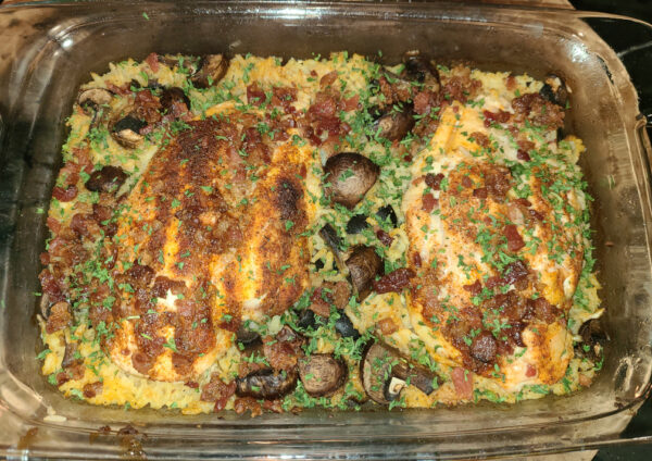 Chicken Mushrooms and Rice in baking dish after baking