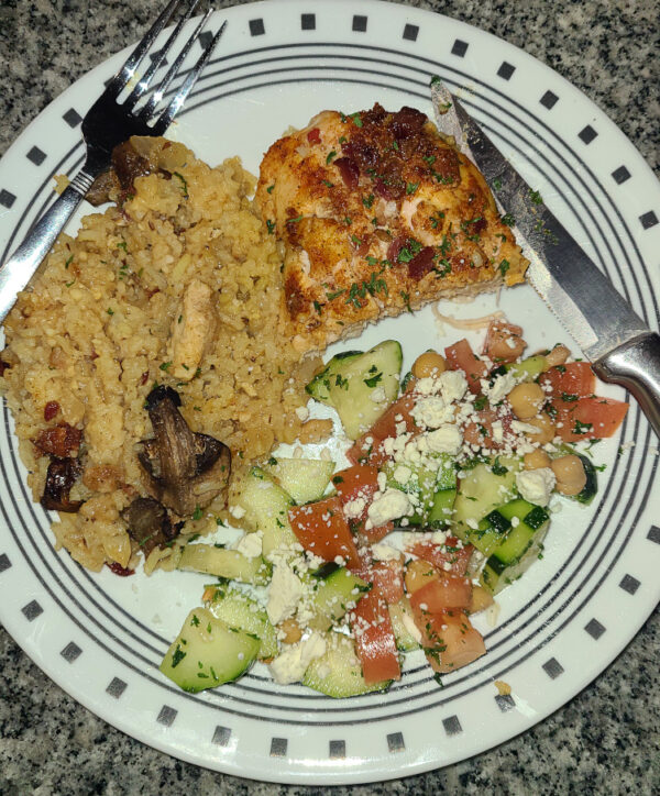 Chicken Mushrooms and Rice with Cucumber Salad