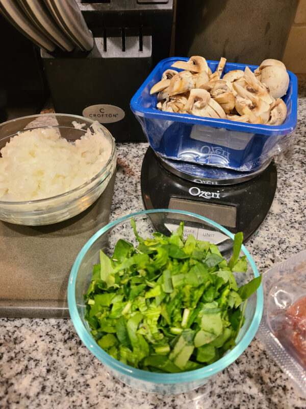 Onions, Mushrooms, and Spinach sliced