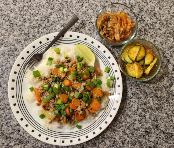 Thai-Style Pork Rice Bowl from Home Chef with Kim Chi and Cucumber Salad