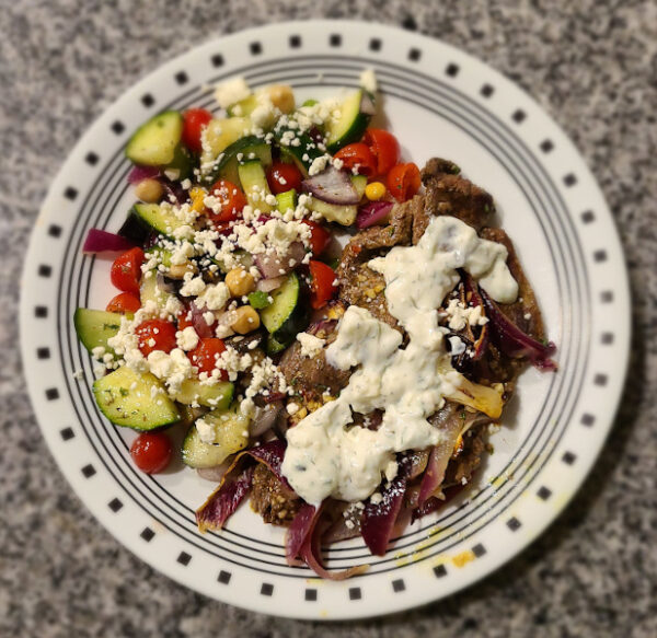 Steak Shawarma with Greek Salad