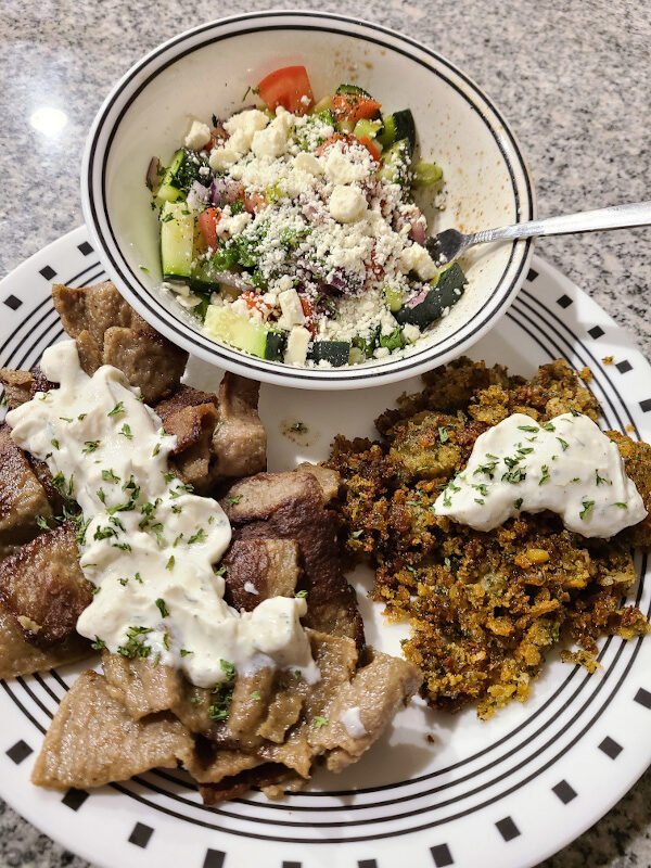 Daphne's Beef and Lamb Gyro Slices with falafel and salad