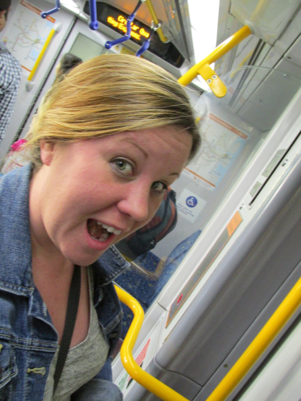 Woman on train from Sydney airport to downtown Sydney