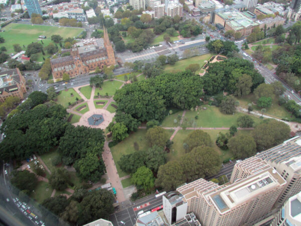 Hyde Park and Staint Mary's Cathedral as seen from Sydney Tower Eye