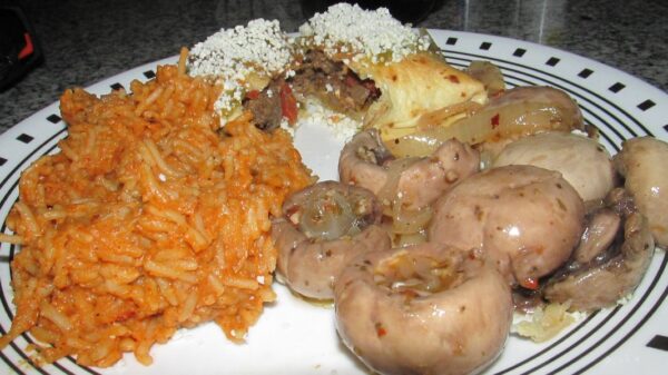 New Mexico Border Chimichanga with Marinated Mushrooms and Spanish Rice