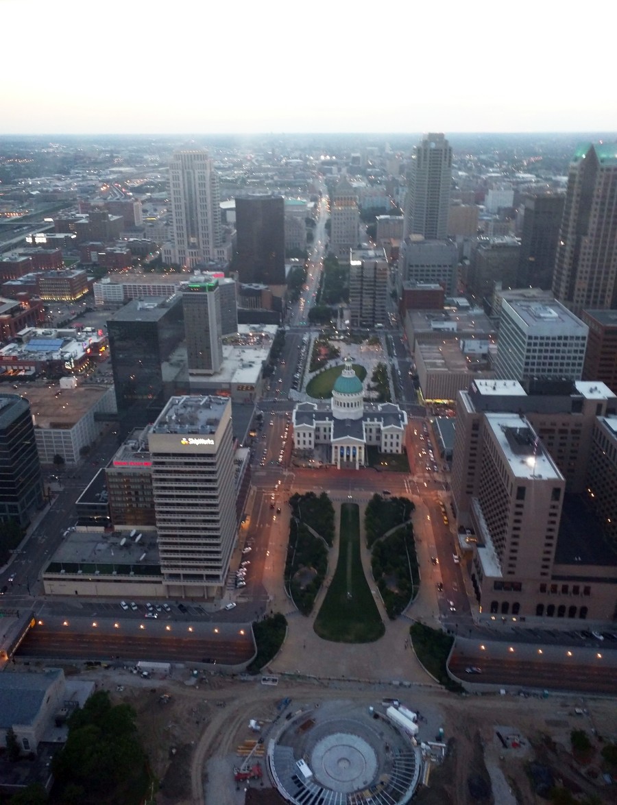 View from the top of the Gateway Arch of downtown St. Louis and the Westward Expansion Museum