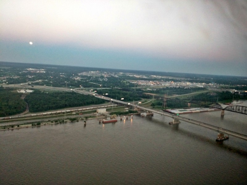 View from the top of the Gateway Arch looking east over the Mississippi River into Illinois