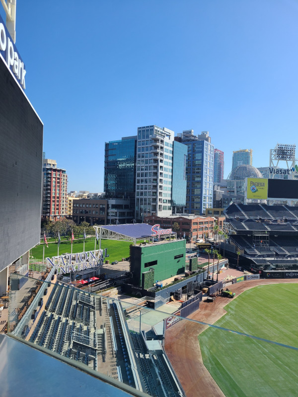 Petco Park Tour View from Western Metal Building of Scoreboard, Bull Pens and buildings beyond the park