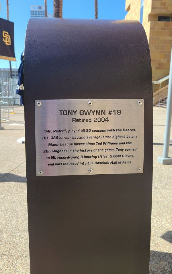 Side of 19 statue in honor of Tony Gwynn at Petco Park