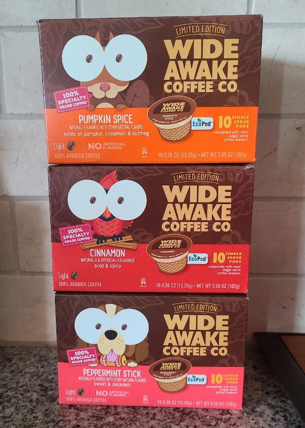 Wide Awake Coffee Pods - Limited Edition Fall 2022 Pumpkin Spice, Cinnamon, Peppermint Stick