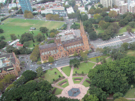 Hyde Park and Staint Mary's Cathedral as seen from Sydney Tower Eye