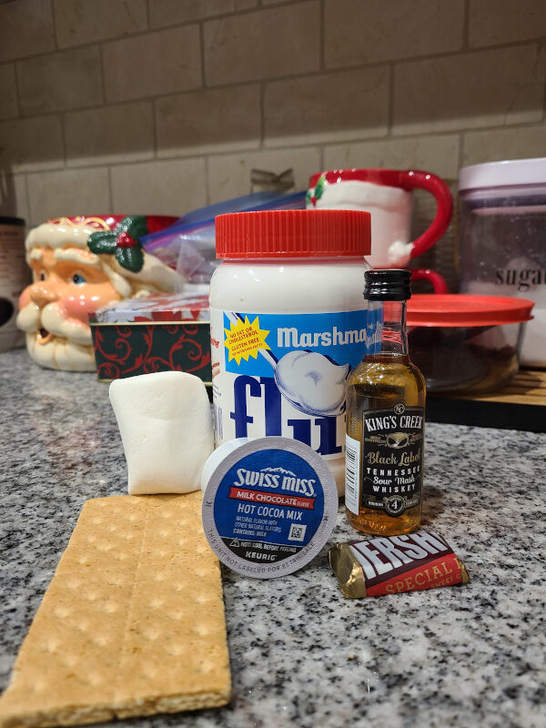 Hot and Spicy S'more Ingredients - Graham Cracker, Marshmallow, Marshmallow Fluff, Whiskey, Hot Cocoa Mix, Chocolate Bar