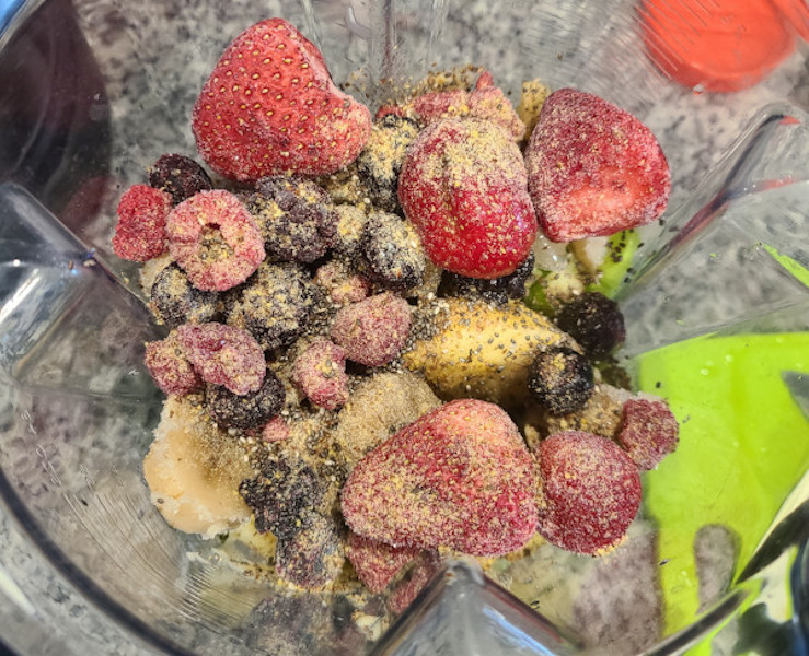 Fruit, Spinach, and Yogurt in Vitamix prior to blending for a smoothie