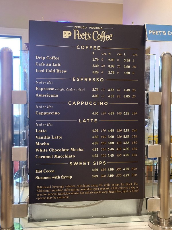 Peet's Coffee menu at Eddie World in Yermo, California