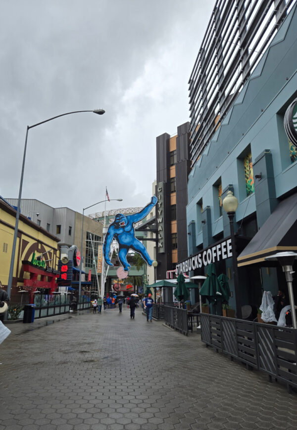Universal Studios Hollywood City Walk, nearly empty while we visit Universal Studios Hollywood in the Rain