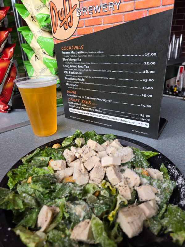 Chicken Salad from Luigi's Pizza at Universal Studios Hollywood and a Beer from Duff Brewery