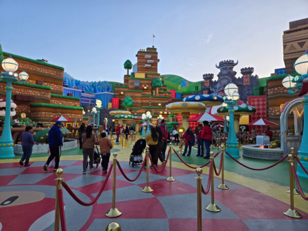Super Mario Land at Universal Studios Hollywood Lower Lot nearly empty while we visited Universal Studios in the Rain