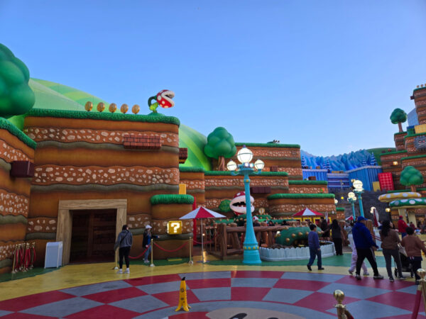 Super Mario Land at Universal Studios Hollywood Lower Lot nearly empty while we visited Universal Studios in the Rain