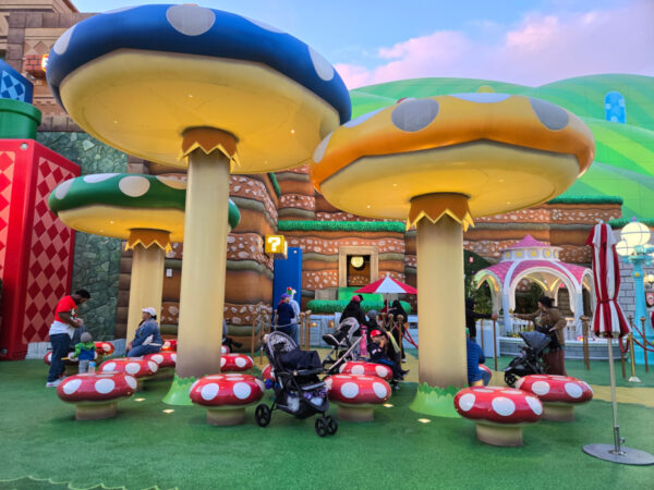 Super Mario Land at Universal Studios Hollywood Lower Lot nearly empty while we visited Universal Studios in the Rain