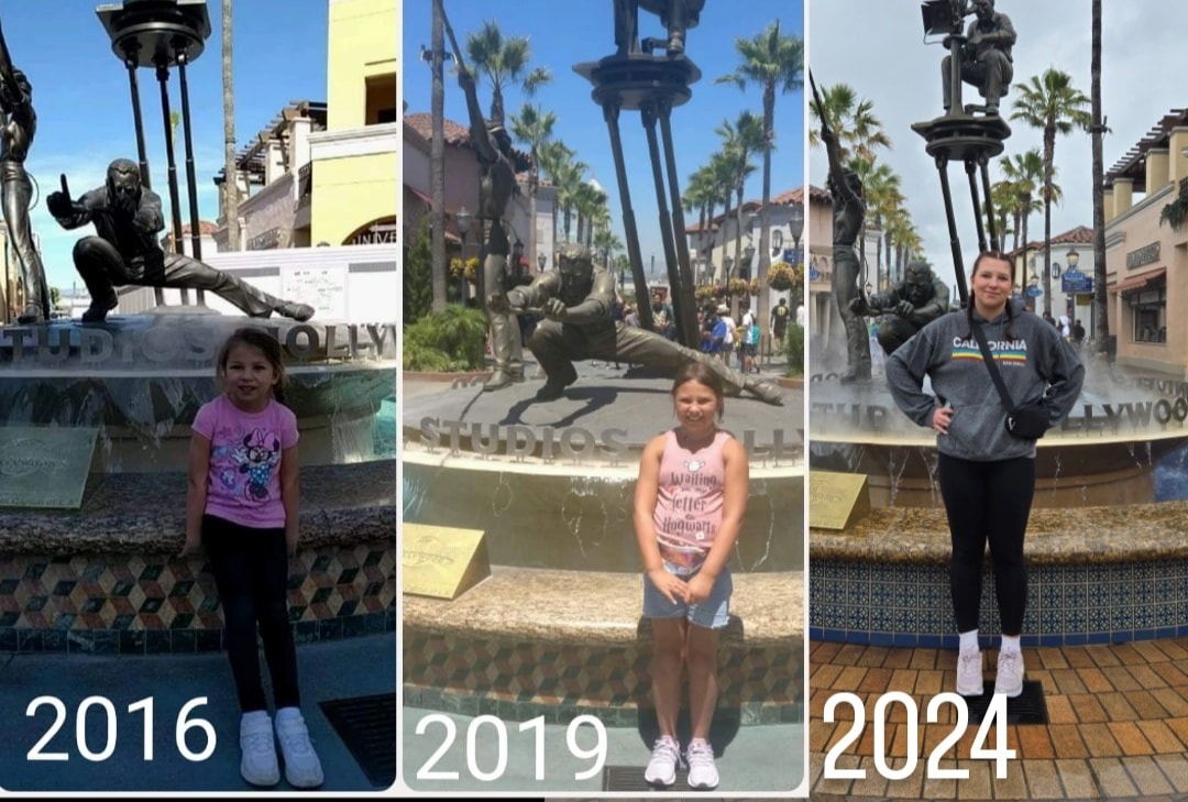 Progression of Child during the years in the same spot at the entrance of Universal Studios Hollywood