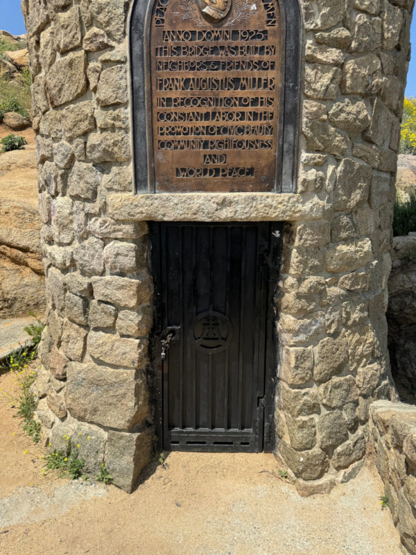 Door at the base of the tower for World Peace Bridge located along the trail at Mt. Rubidoux
