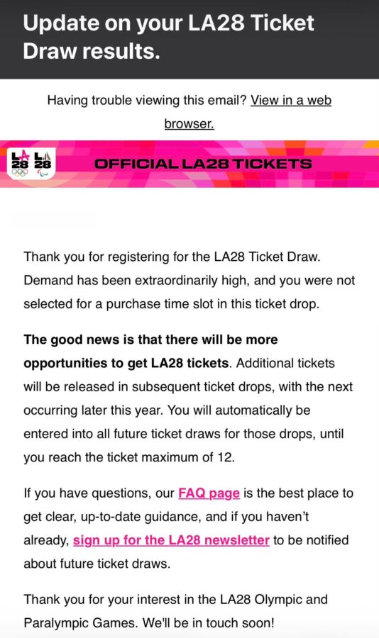 LA28 Olympic Ticket Decline Email